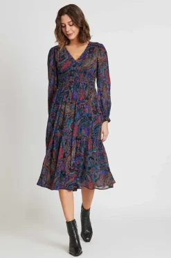 Hot Robe midi col V en voile imprimé SCARLETT Robes Imprimées|Robes Longues