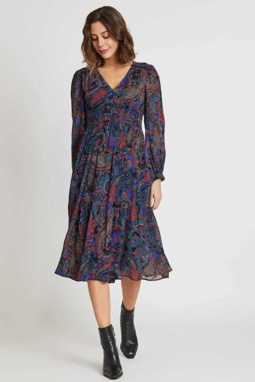 Hot Robe midi col V en voile imprimé SCARLETT Robes Imprimées|Robes Longues