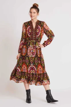 Flash Sale Robe midi col V imprimée et galon brodé SALAMANCA Robes Longues|Robes Courtes